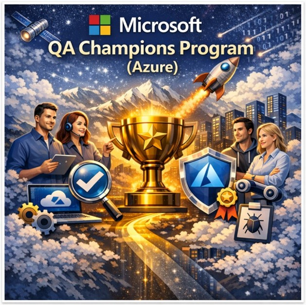 Banner for Microsoft Azure Q&A Champions Program showing Azure experts collaborating with AI workflow icons around a central trophy, set in a cloud themed technical environment. Visible text reads Microsoft Azure Q&A Champions Program.
