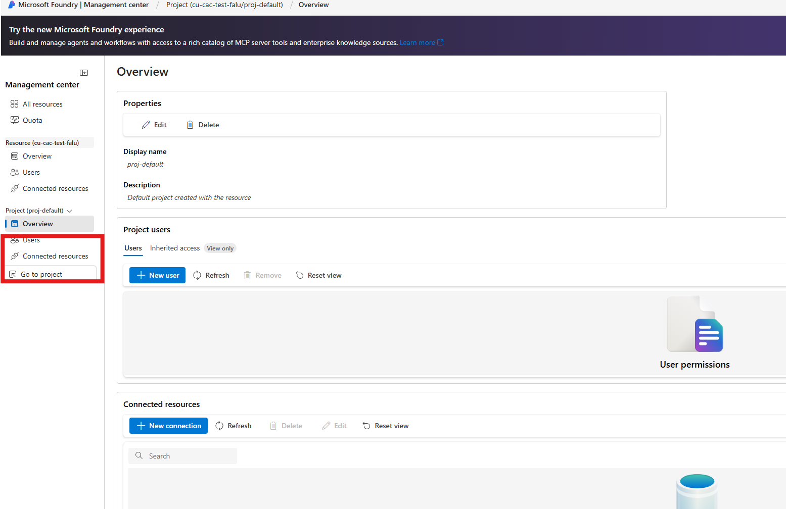 Screenshot of the Management center navigation with Connected resources highlighted.