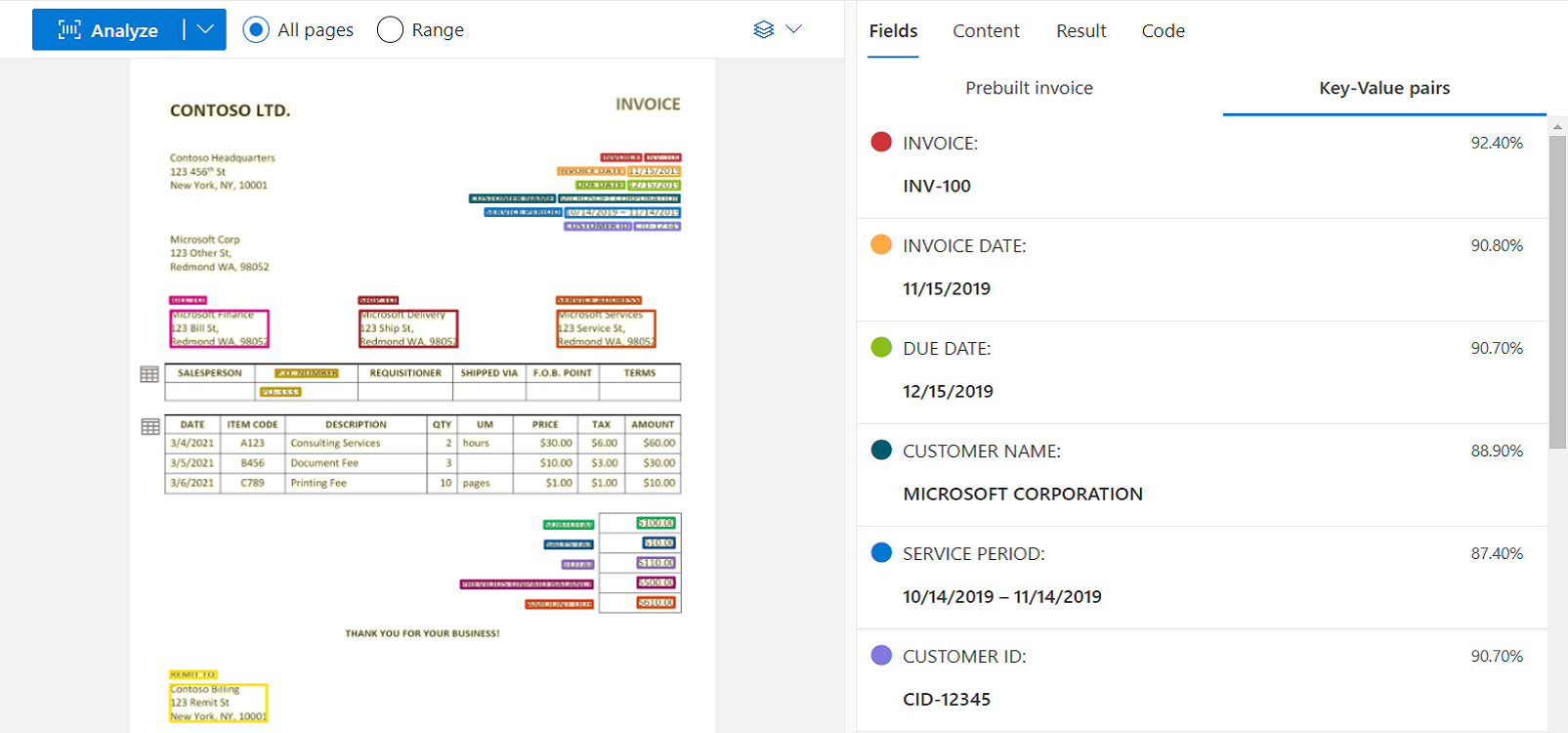 Screenshot that shows Invoice model analysis by using Document Intelligence Studio.