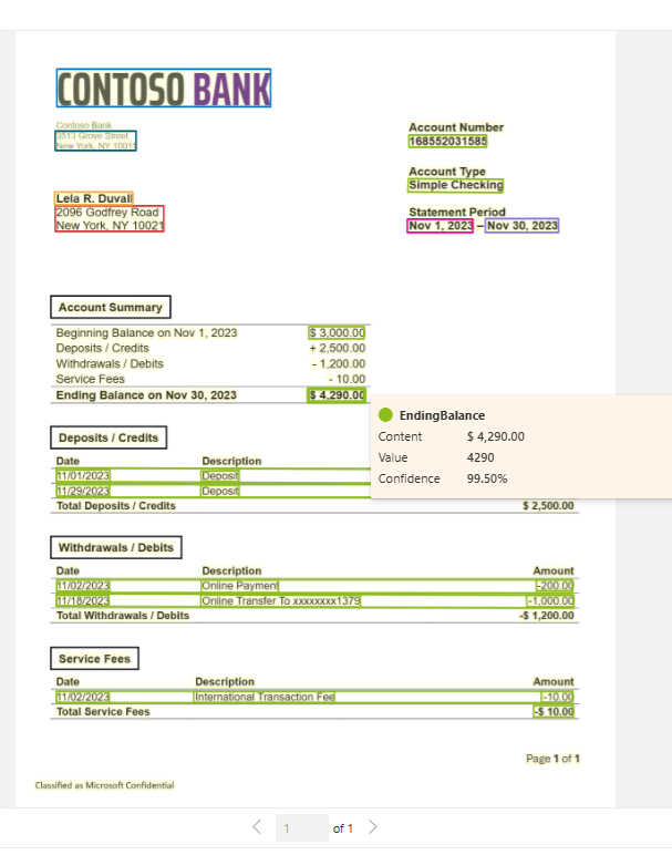Screenshot that shows bank statement model extraction by using Document Intelligence Studio.