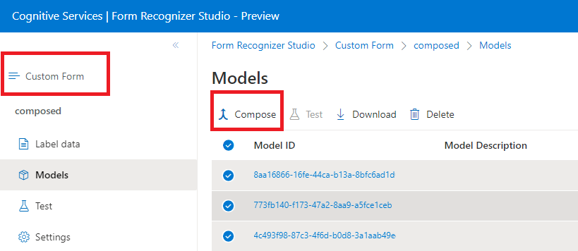 Screenshot that shows the Document Intelligence Studio Compose custom model pane.