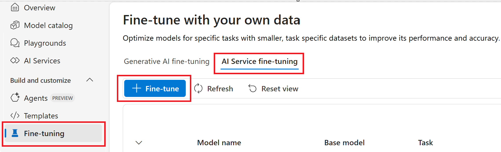 Screenshot of the fine tuning selector in the Foundry.