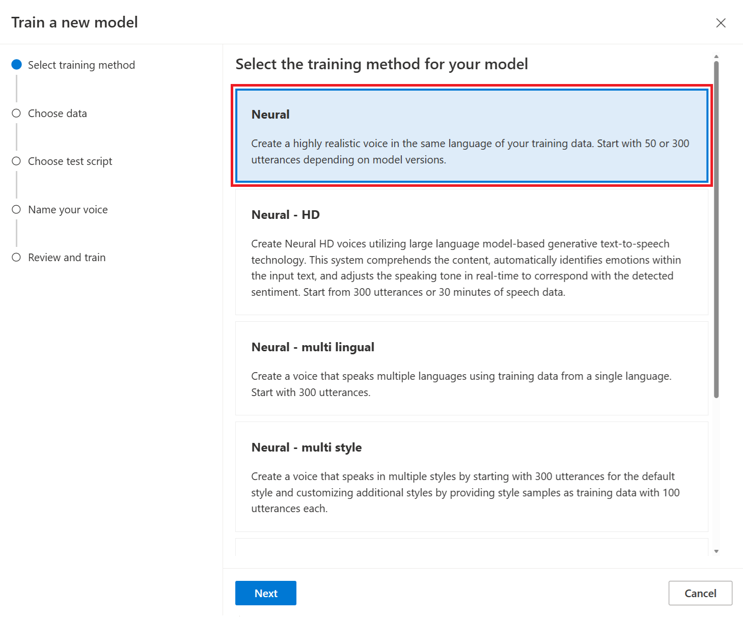 Screenshot that shows how to select neural training.