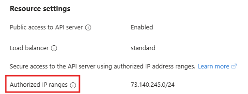 Screenshot of the API server authorized IP ranges in the Azure portal.