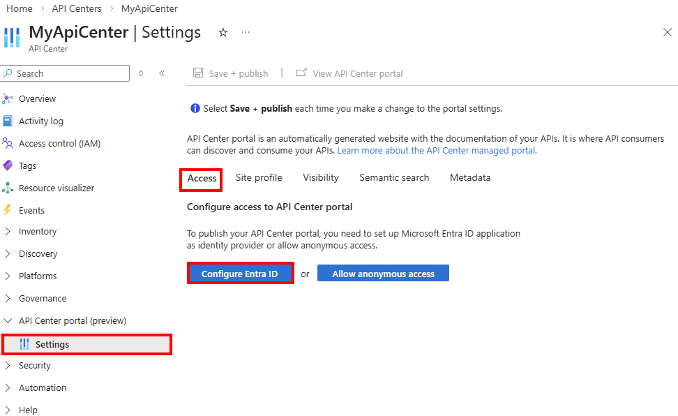 Screenshot showing configuration of Entra ID in the portal.