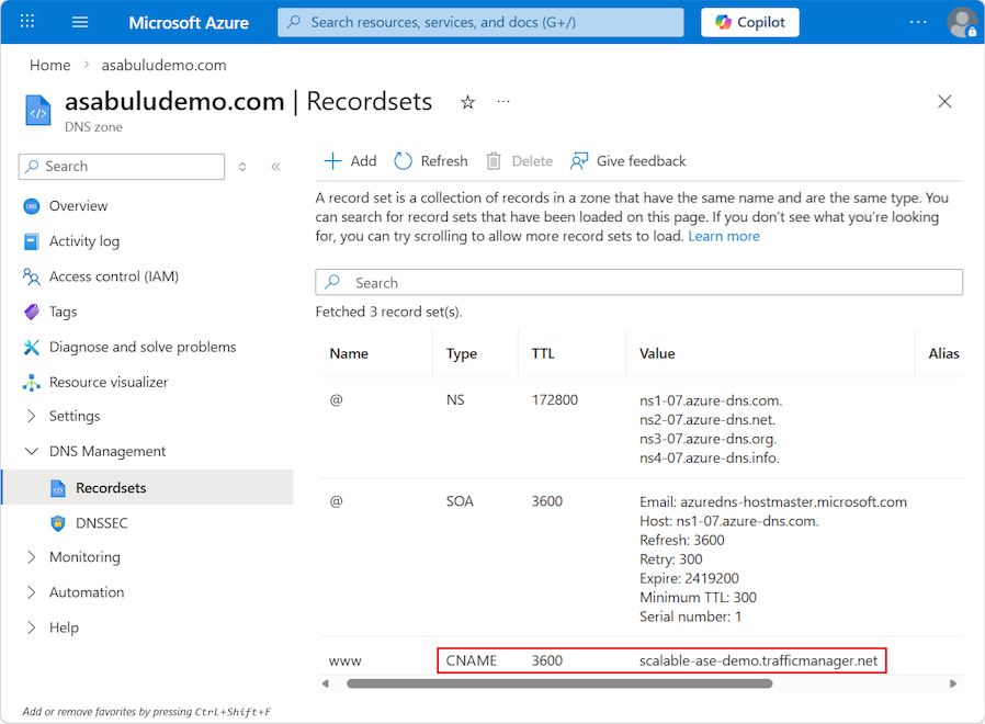 Screenshot of the DNS zone configuration in the Azure portal showing the recordsets and the CNAME record highlighted.
