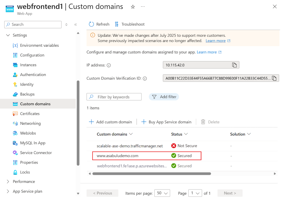 Screenshot that shows the custom domain setting for the web app in the Azure portal.