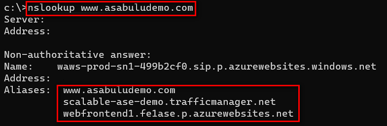 Screenshot of a command prompt window with the DNS lookup result.