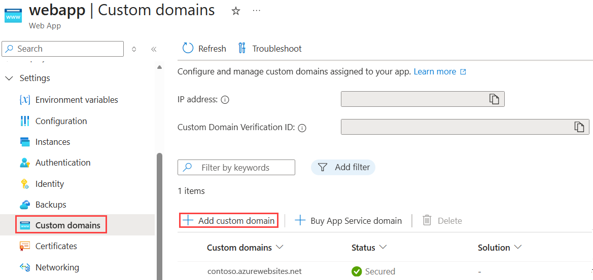A screenshot showing how to open the Add custom domain dialog.