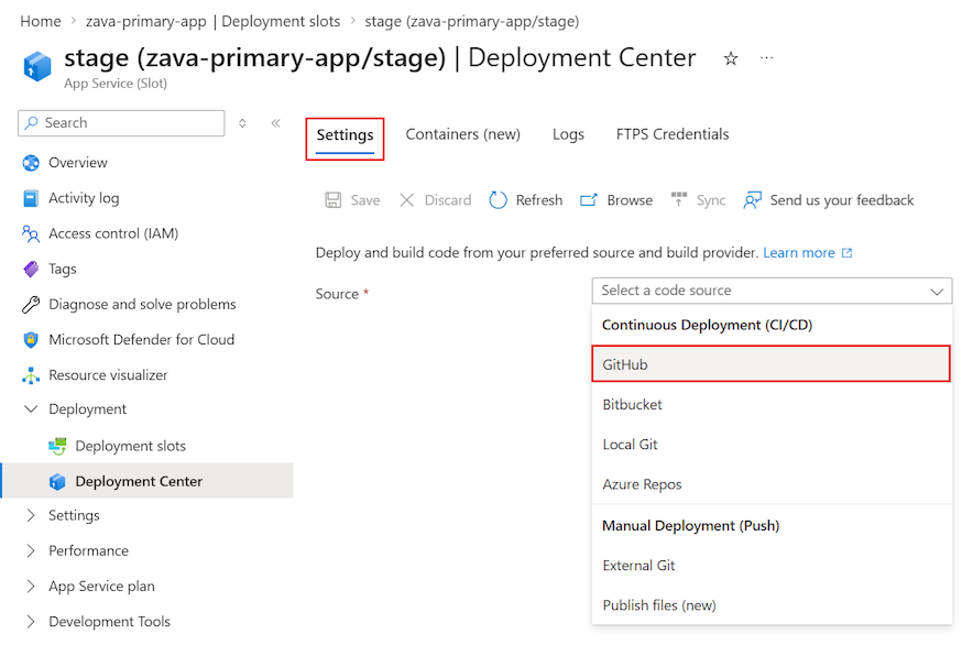 Screenshot that shows how to choose the deployment source for the web app staging slot in the Azure portal.