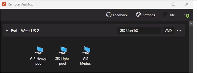 Screenshot that shows ArcGIS and virtual machines in the Remote Desktop tool.