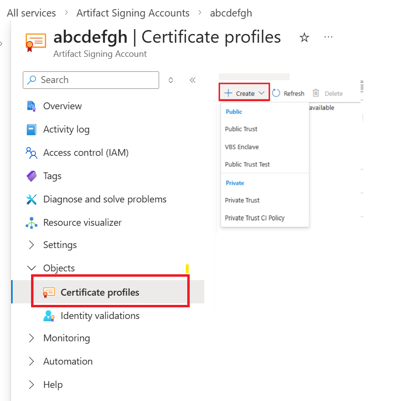 Screenshot that shows the Artifact Signing certificate profile types to choose from.
