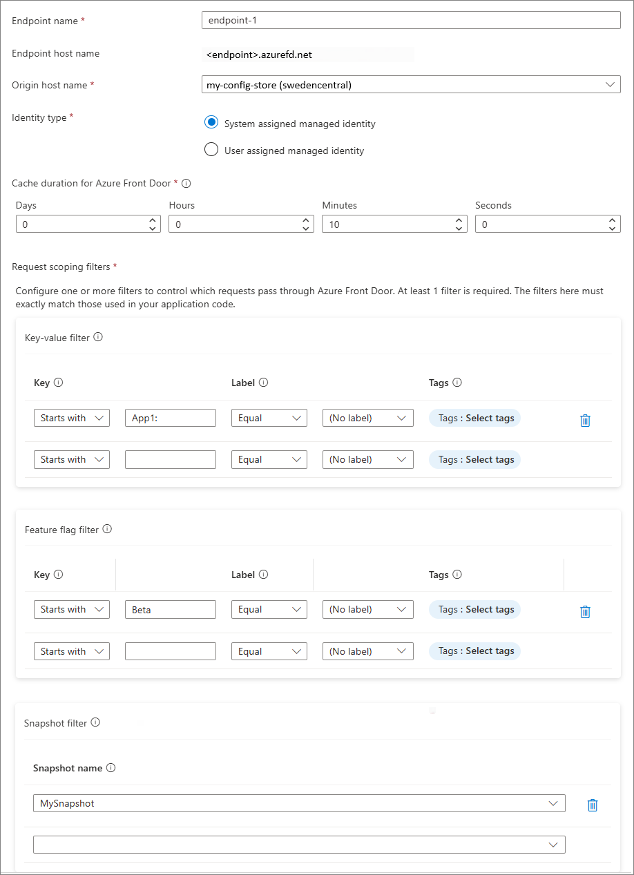 Screenshot showing  Azure Front Door endpoint details in the App Configuration store.