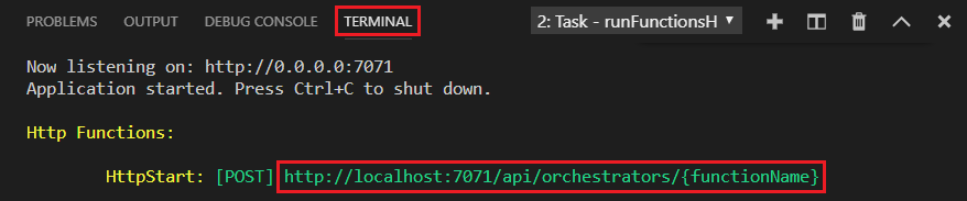 Screenshot of the Azure Functions local output in the terminal showing the HTTP endpoint URL.