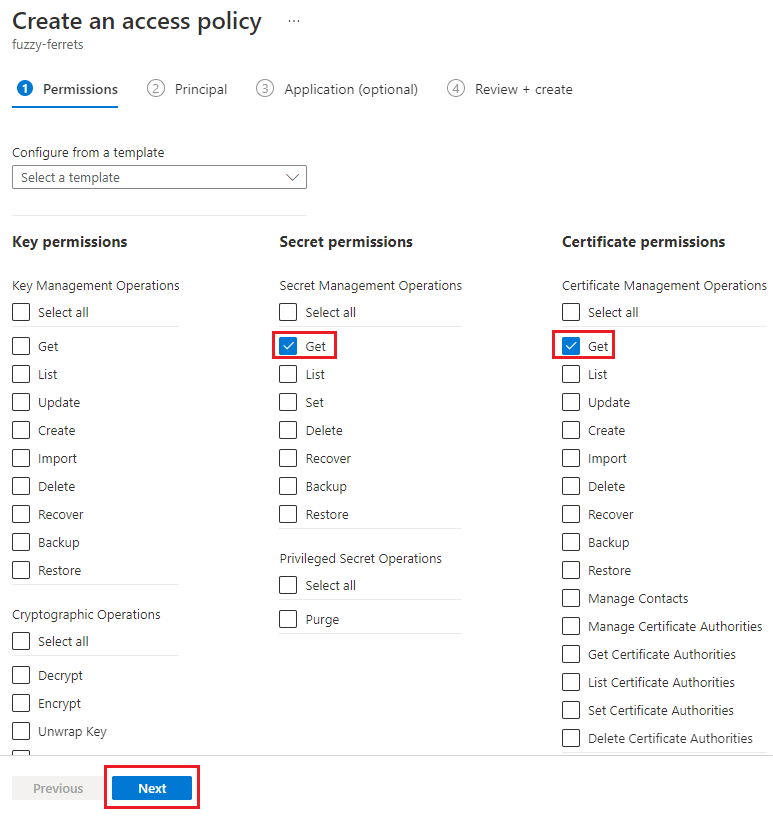 Screenshot that shows the Permissions tab of the Key Vault Create an access policy page.