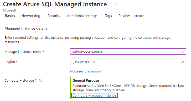 Screenshot of the Create Azure SQL Managed Instance page with Configure Managed Instance selected.