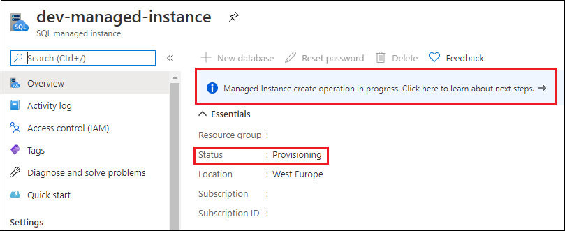 Screenshot showing SQL managed instance create progress.