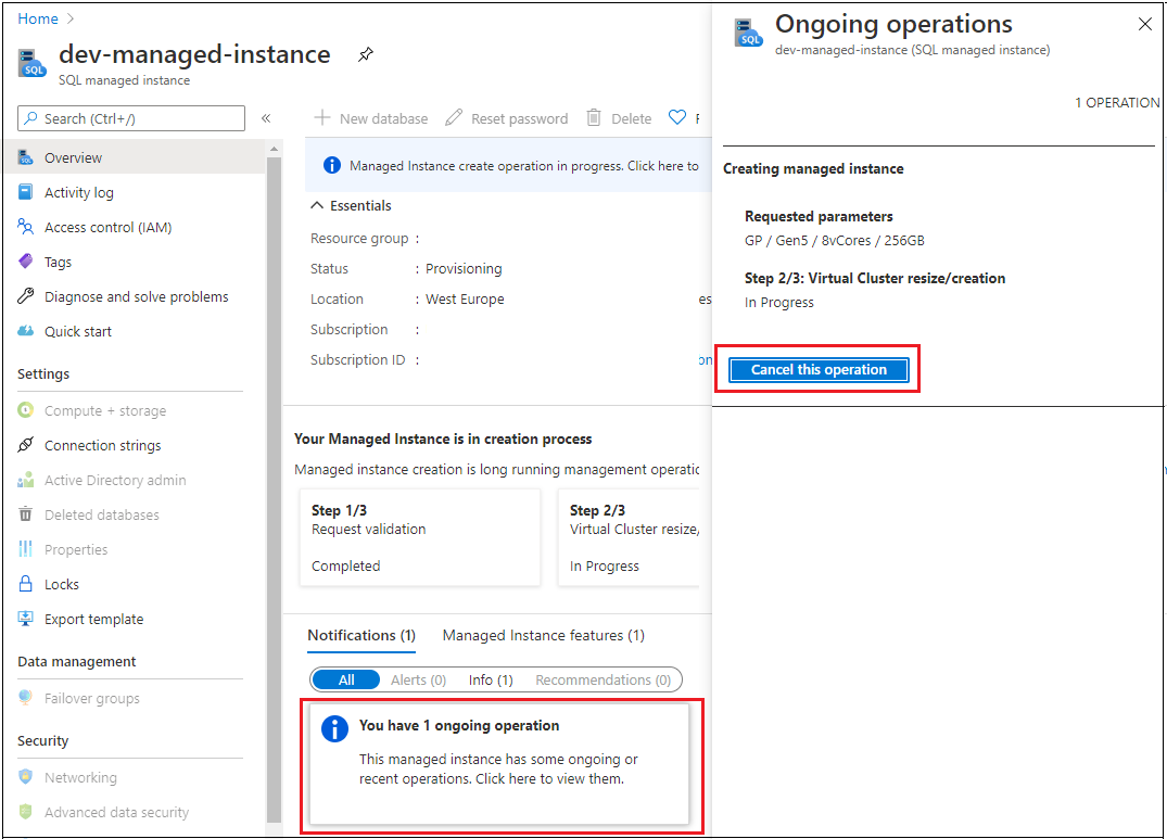 Screenshot showing SQL managed instance operation details.