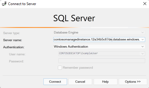Dialog box from SQL Server Management Studio with a SQL managed instance name in the 'Server Name' area and 'Authentication' set to 'Windows Authentication'.