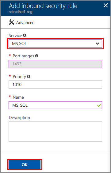 Screenshot of MS SQL security group rule.