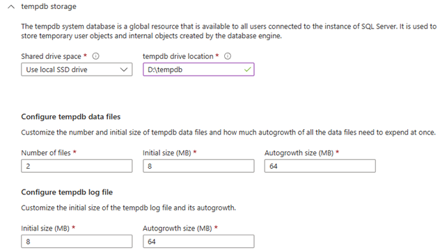 Screenshot of the Azure portal that shows configuration settings for tempdb storage.
