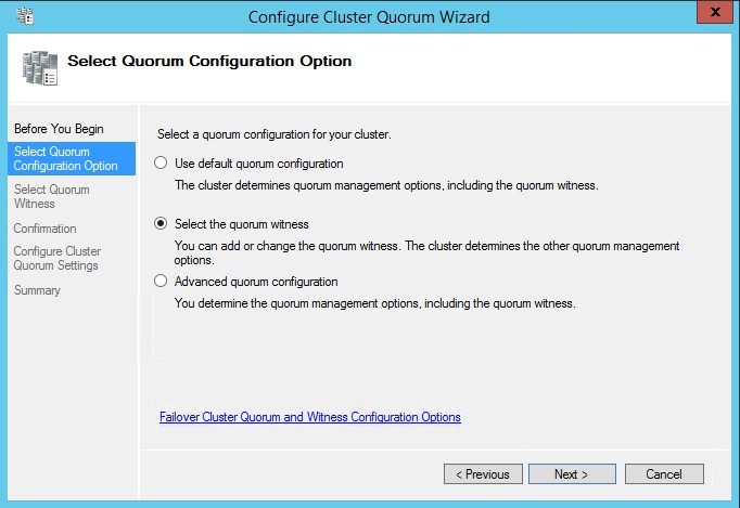 Screenshot showing the 'select the quorum witness' radio button in the Cluster Quorum wizard.