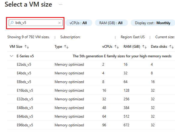 Screenshot of the select VM size page of the Azure portal.