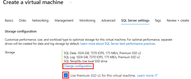 Screenshot of the storage configuration section of the Create VM page in the Azure portal.