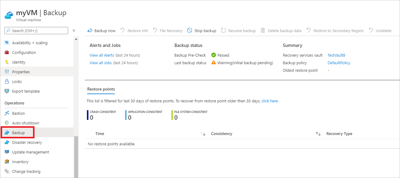 Screenshot that shows the backup status.