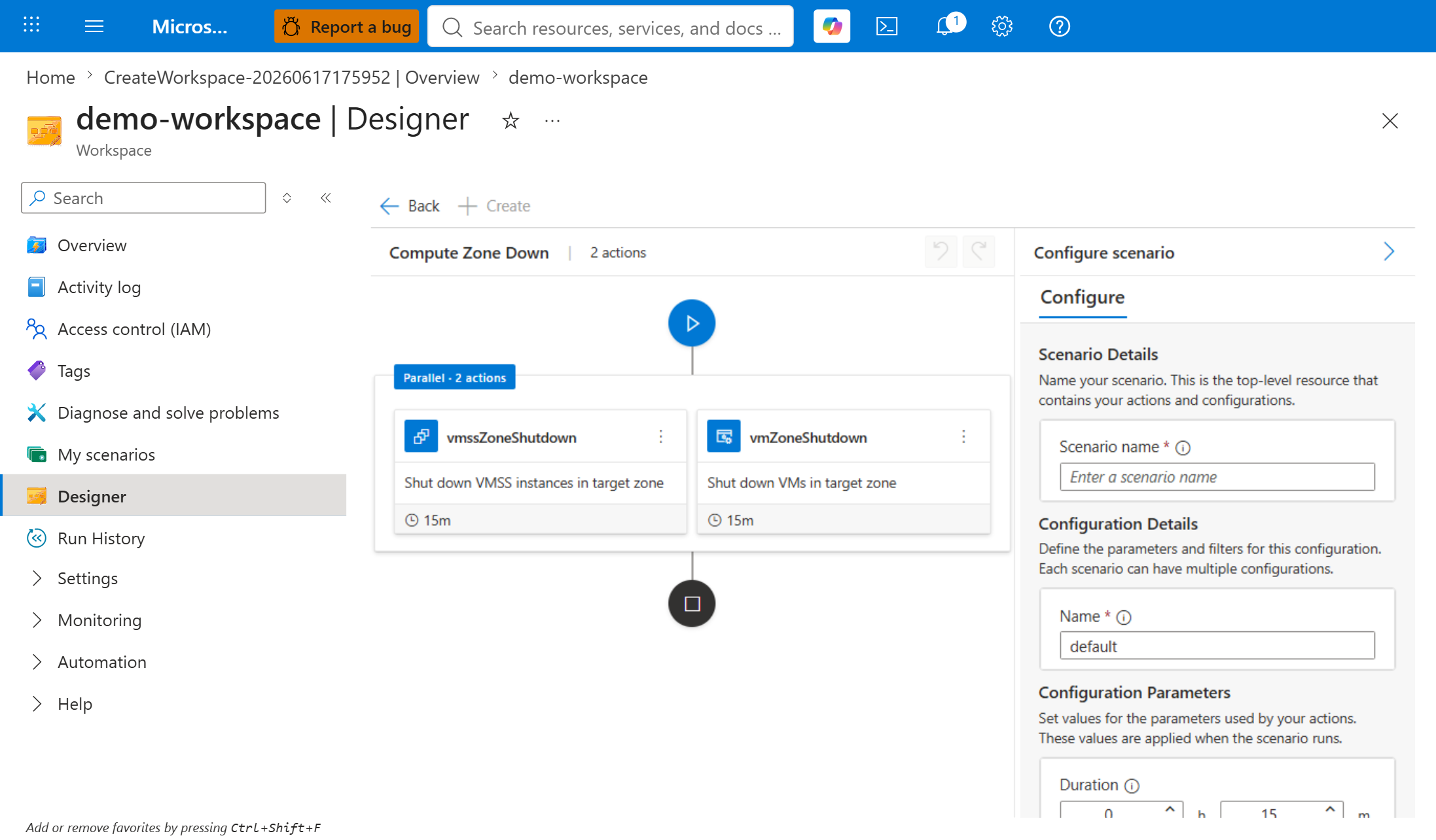 Screenshot of the Scenario designer canvas showing the Compute Zone Down template with two parallel shutdown Actions and the Configure scenario pane.