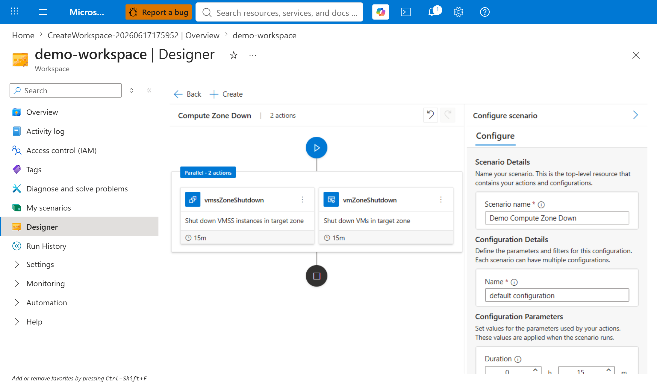 Screenshot of the Scenario designer with a scenario name and configuration name filled in and configuration parameters set.