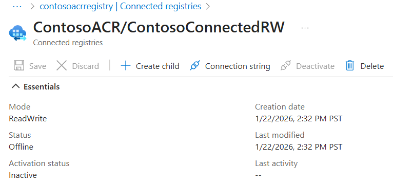 Screenshot of a connected registry showing its connection status and other properties.