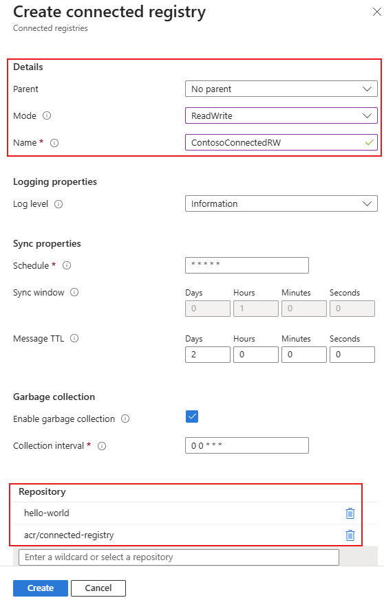 Screenshot of the options to create a connected registry in ReadWrite mode.