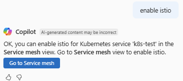 Screenshot showing Azure Copilot helping to deploy Istio on an AKS cluster.