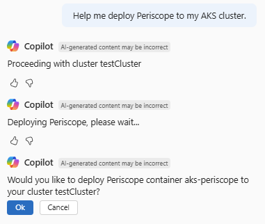 Screenshot of Azure Copilot prompting to confirm before deploying Periscope to a cluster.