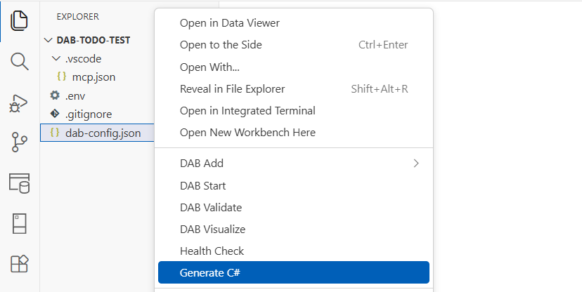 Screenshot of DAB Code Gen generated C# project artifacts in the Visual Studio Code explorer.