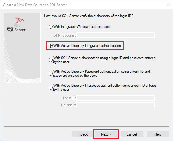 Screenshot of the authentication method dropdown showing Active Directory Integrated selected.