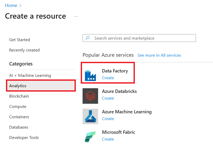 Data Factory selection in the "New" pane