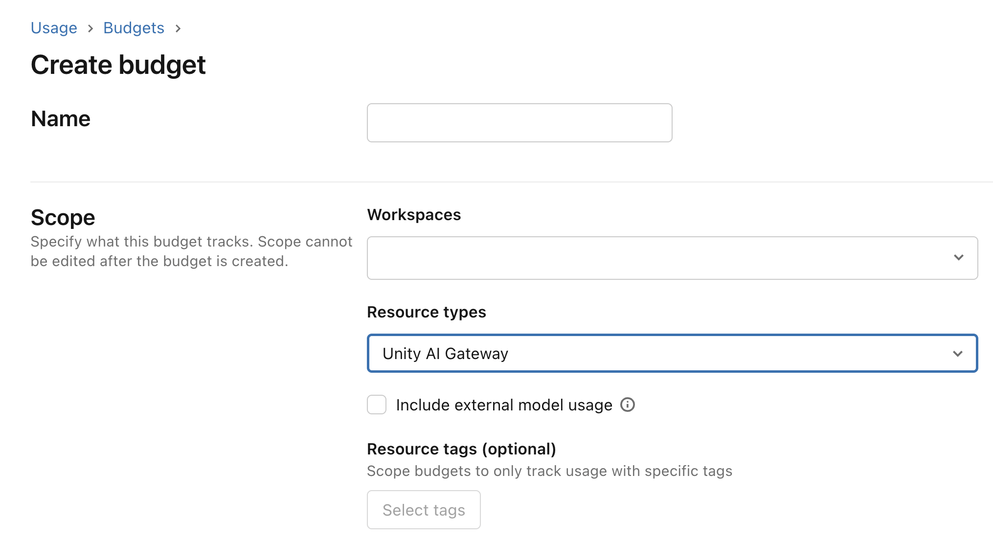 Include external model usage option in the Create budget form