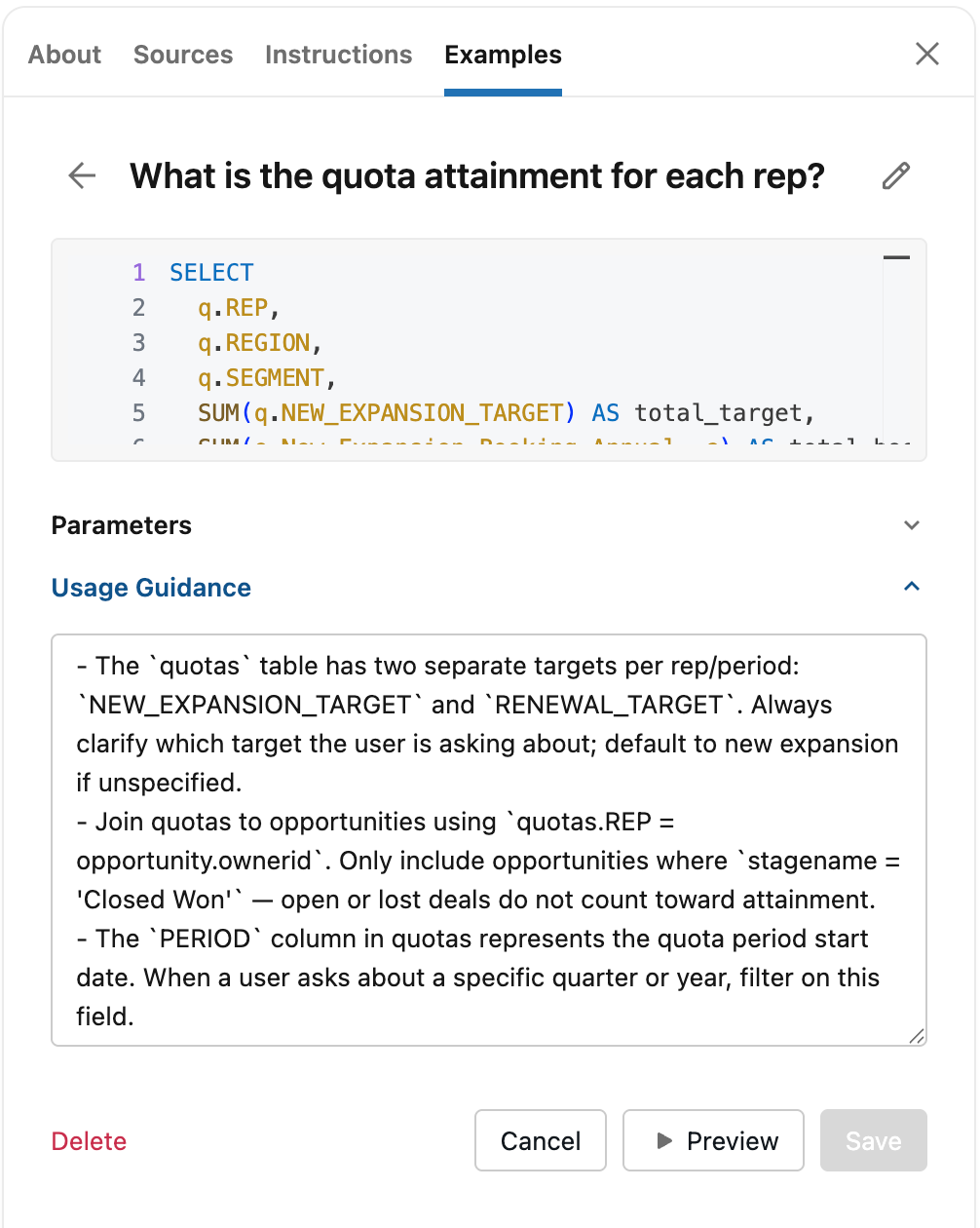 Usage guidance text entry.
