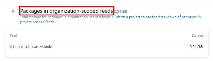 A screenshot showing the total storage for packages in organization-scoped feeds.