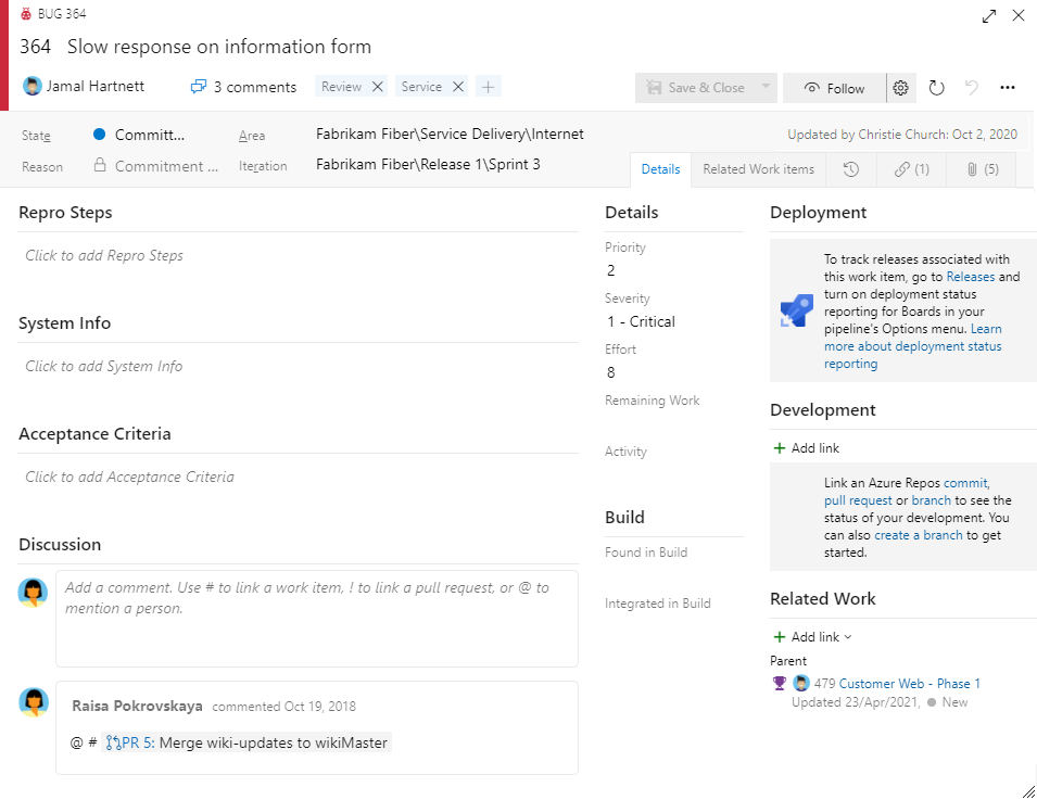 Screenshot of a Bug work item form for the Scrum process.