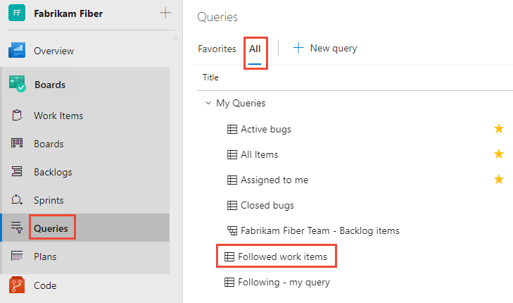 Screenshot showing Boards>Queries>All>Followed work items navigation.
