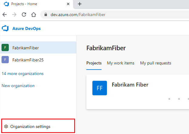Screenshot showing Organization settings button for selection.