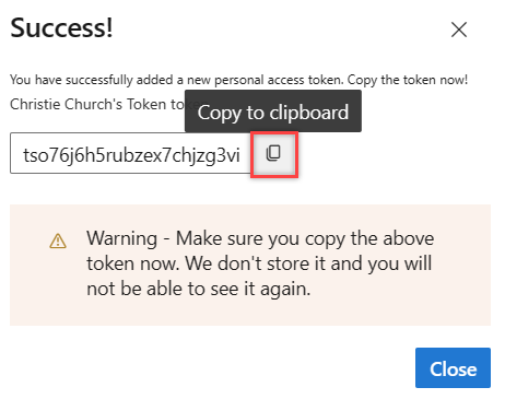Screenshot shows Copy token to clipboard button with the generated PAT value.