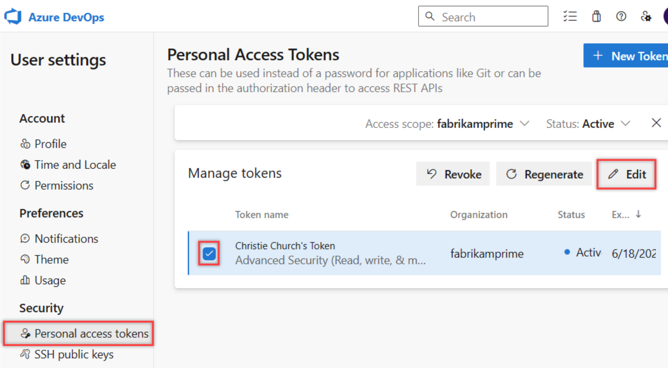 Screenshot shows Edit button highlighted for a PAT entry.