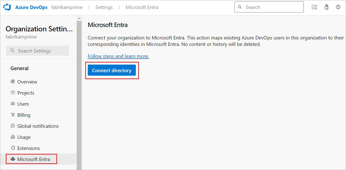 Screenshot shows the Connect directory button for connecting your organization to Microsoft Entra ID.