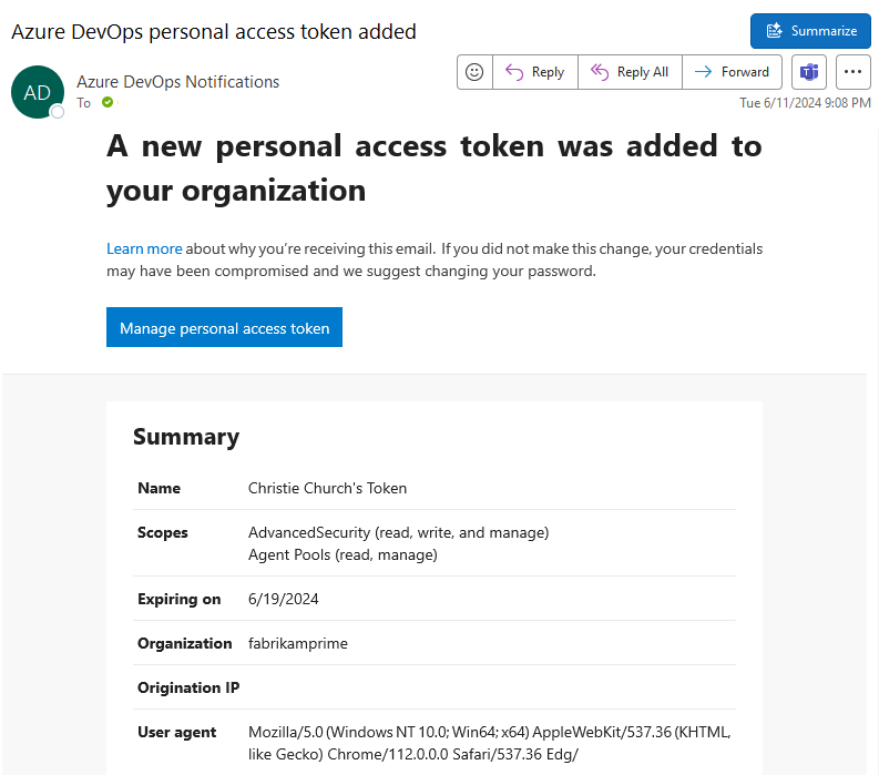 Screenshot shows PAT created notification email.