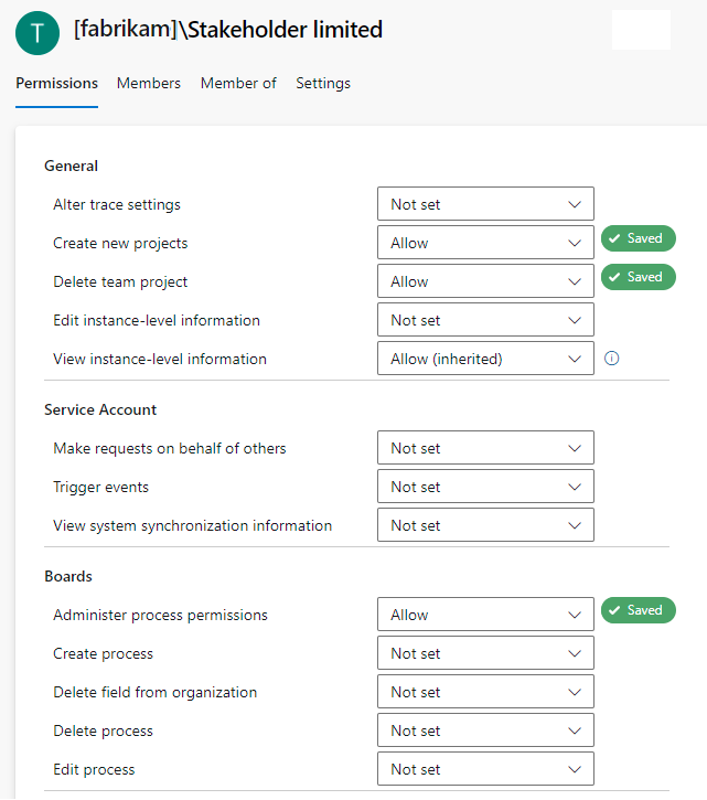 Screenshot of collection-level permissions for a selected group, preview page.