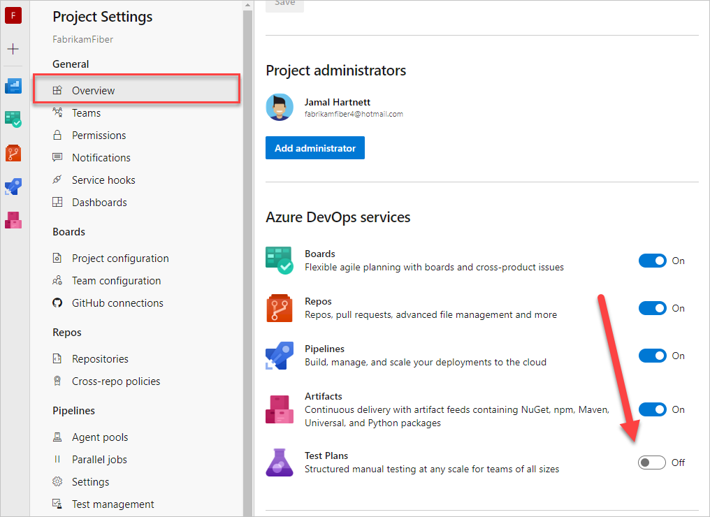 Screenshot showing Project Settings overview of services.